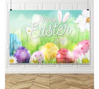 Happy Easter Decorations Backdrop, Illustration Style Easter Eggs Bunny and Flower Photography Backdrop, Easter Backdrop for Party 10x6.5ft Vinyl