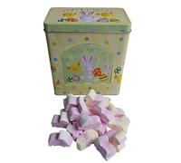 Happy Easter Dispenser Marshmallow Tin with Bunny Design, 100g Soft Fluffy Marshmallows, Reusable Storage Container for Treats and Keepsakes