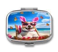 Happy Easter Dog Beach Butterfly Portable Pill Organizer with 2 Compartments Square Medicine Box Compact Travel Pharmacy Case