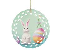 Happy Easter Egg Rabbit Ceramic Ornament,Round Ornaments with Hole Easy to Hang,Hanging Ornament for Wedding Party Home Window Garden Christmas Day Decor