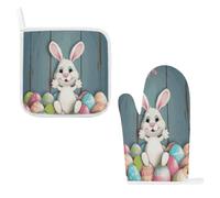 Happy Easter Eggs Bunny Tail Oven Mitts and Pot Holders 2pcs Set