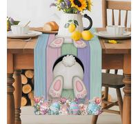 Happy Easter Farm Cute Bunny Tail Eggs Table Runner 70 Inches Long,Table Runners Kitchen Dining Tables Decoration for Home Party Decor, Spring Colorful Wood Plank Tables Runner Wedding Dresser Scarf