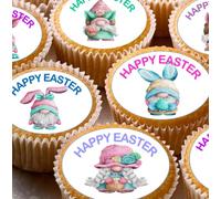 Happy Easter Gnomes Pre-Cut Edible Wafer Cupcake Toppers, Easter Theme, Gonk Cake Decoration x 24