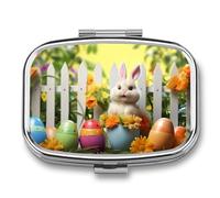 Happy Easter Pill Box 2 Compartments Portable Travel Pill Case Mini Medicine Organizer for Pocket Purse Metal Waterproof Medicine Container Holder Vitamin Fish Oil