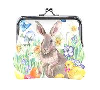 Happy Easter Rabbit Bunny Colored Eggs Chickens Flowers Women Leather Mini Buckle Coin Purse, Clasp Kiss Lock Closure Card Key Change Wallet for Women Girls Men Girl