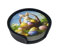 Happy Easter Round Leather Coasters (6 Pieces) - Drink Coaster Set For Desk, Modern Easy To Clean Home Office & Farmhouse Coasters