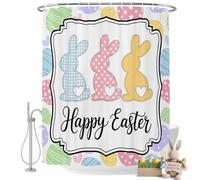 Happy Easter Shower Curtain for Bathroom, Spring Cute Love Rabbit Colorful Eggs Texture Waterproof Cloth Fabric Bathroom Accessories Set with 12 Rust Proof Plastic Hooks, 36"x78"