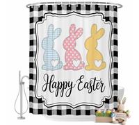 Happy Easter Shower Curtain for Bathroom, Spring Cute Love Rabbit White and Black Plaid Waterproof Cloth Fabric Bathroom Accessories Set with 12 Rust Proof Plastic Hooks, 54"x78"