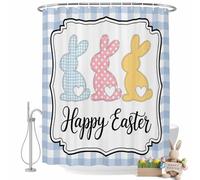 Happy Easter Shower Curtain for Bathroom, Spring Cute Love Rabbit White and Blue Plaid Waterproof Cloth Fabric Bathroom Accessories Set with 12 Rust Proof Plastic Hooks, 72"x96"