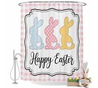Happy Easter Shower Curtain for Bathroom, Spring Cute Love Rabbit White and Pink Plaid Waterproof Cloth Fabric Bathroom Accessories Set with 12 Rust Proof Plastic Hooks, 60"x72"