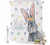 Happy Easter Shower Curtain for Bathroom, Spring Floral Rabbit Purple Green Blue Pink Dots Waterproof Cloth Fabric Bathroom Accessories Set with 12 Rust Proof Plastic Hooks, 72"x72"