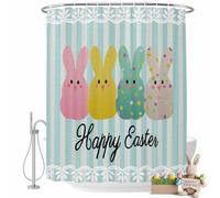 Happy Easter Shower Curtain for Bathroom, Spring Pink Yellow Green Bunny Lace Green Stripes Waterproof Cloth Fabric Bathroom Accessories Set with 12 Rust Proof Plastic Hooks, 72"x96"
