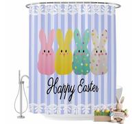 Happy Easter Shower Curtain for Bathroom, Spring Pink Yellow Green Bunny Lace Purple Stripes Waterproof Cloth Fabric Bathroom Accessories Set with 12 Rust Proof Plastic Hooks, 54"x78"