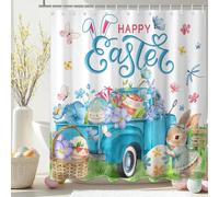 Happy Easter Spring Shower Curtain Teal Truck Cute Rabbit Easter Egg Spring Floral Butterflies Waterproof Bath Curtains with Hooks 180 * 180cm