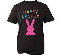 Happy Easter T-Shirt Easter Bunny Festive Top Bunny Ears Colourfull Unisex Gift Tee Top (Black, L)