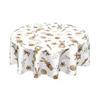 Happy Easter Tablecloth Round 60x60 Inch Easter Eggs Bunny Carrots Table Cloth,Stain Resistance Polyester Spring Rabbits Brown Table Covers for Kitchen Dining,Small Tablecloths for Party Picnic