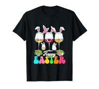 Happy Easter Three Leopard Bunnies Glasses of Wine Eggs T-Shirt