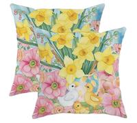 Happy Easter Throw Pillow Cover Set of 2 Tulips Floral Chicken Animal Cute Modern Yellow Velvet Decorative Cushion Square Pattern Large Office Bedroom Couch Patio Car Big Pillow Case 16x16inch
