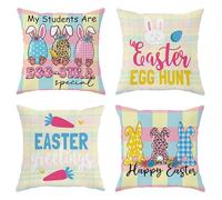 Happy Easter Throw Pillow Covers Set of 4 Eggs Bunny Ears Carrot Cartoon Polka Dot Leopard Pink Velvet Soft Decor Bedding Cushion Outdoor Couch Dorm Living Rooms Pillow Covers with Zipper 18x18Inch