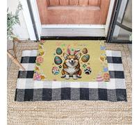 Happy Easter Welcome Doormat Outdoor Entrance-Corgi Bunny Ears Easter Egg Doormat-Easter Bunny Indoor Non-Slip Rubber Floor Rugs-Spring Porch Home Front Decor Door Mat Welsh Corgi Dog Lover Gifts Mat
