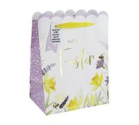 Happy Easter White Kraft Paper Gift Bag Made from 100% Recycled Paper with Wide Gusset for Easter Eggs and Gift Tag Large Size