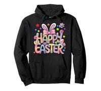 Happy Easter with Colorful Flowers Bunny Easter Women Girl Pullover Hoodie