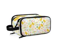 Happy Easter with Yellow Chicks, Eggs, Flowers and Hearts on White Women's Portable Makeup Bag with Handle, Cosmetic Bag, Travel Cosmetic Bag Durable Toiletry Storage Organizer 11 x 7 x 5.7 inch
