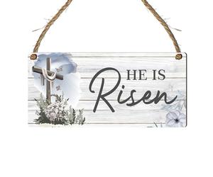 Happy Easter Wooden Rectangle Plaque - 'He is Risen' Design, Christian Easter Decor with Lord's Cross, Home Decor for Faith Renewal and Resurrection Celebration, Versatile and Meaningful Gift