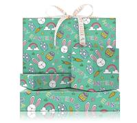 Happy Easter Wrapping Paper 4 Sheets with Ribbon Set, Cutie Bunnies and Colorful Egg On Green Wrapping Paper, Folded Flat Gift wrap for Boy Girl Easter, Birthday Baby Shower, Spring Party and Holiday