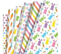 Happy Easter Wrapping Paper Set - 6 Sheets of 6 Assorted Designs Folded Flat 20x27 inches per sheet Include Patterns of Bunny, Carrot, Egg & Rainbow Themed Gift Wrap for Easter Baskets, Party Favors