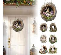 Happy Easter Wreath Bunny Sign for Front Door,Wooden Spring Rabbit Egg Wall Decorations for Outdoor Outside Porch,Farmhouse Indoor Fireplace Window Hanging Wreaths,Welcome Banner Decor (A1)