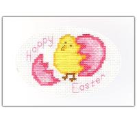 Happy Easter, Yellow Chick & Blue/Pink Shell - 14 Count Cross Stitch, White Oval Card Kit (Pink)