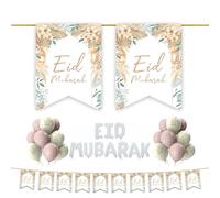 Happy Eid Mubarak Decoration Set - 30pc Set Pack (Rustic Beige Boho Natural) - Flags Bunting Foil Balloons Partyware Hanging Decorations Eid Decor