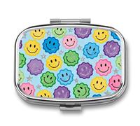 Happy Face Print Pill Box - 2 Compartment Travel Pill Organizer with Small Mirror, Portable Pillcase for Pocket & Purse, Cute Square Medicine Case, Weekly Medicine Container