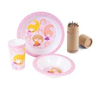 Happy Fairy Cartoon Character 3pcs Dinner Tableware Set for Children Plate, Bowl, & Cup Set BPA Free Reusable Plastic Includes Half Size 12pcs Pencil Set (Fairy)