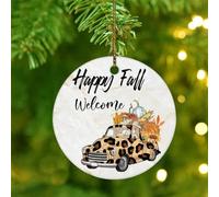 Happy Fall Ornament Keepsake Religious Cross Autumn Pumpkin Round Christmas Tree Ornament Ceramic Double Sided Decorative Christian Maple' Leaves Pumpkin Christmas Bauble Tree Decorations