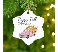 Happy Fall Xmas Ornament Autumn Wreaths Thanksgiving Round Christmas Tree Ornament Ceramic Double Sided Hanging Pumpkin Patch Harvest Truck Christmas Bauble for Holiday Decoration