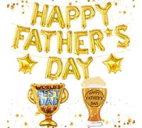 Happy Fathers Day Decorations, Gold Foil Fathers Day Balloons Set with Trophy & Beer Shaped Balloons, Stars, Ribbon and Straw, Fathers Day Party Supplies and Decorations for Dad Celebration