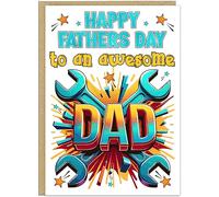 Happy Fathers Day Super Dad Comic Explosion Card - Personalised Inside Message - 5 Designs - Hammers Spanners Weights - Bold Colourful Father's Day Cards for Daddy (Spanners Dad)