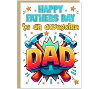 Happy Fathers Day Super Dad Comic Explosion Card - Personalised Inside Message - 5 Designs - Hammers Spanners Weights - Bold Colourful Father's Day Cards for Daddy (Hammers Dad)