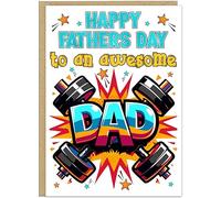 Happy Fathers Day Super Dad Comic Explosion Card - Personalised Inside Message - 5 Designs - Hammers Spanners Weights - Bold Colourful Father's Day Cards for Daddy (Weights Dad)