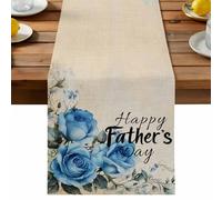 Happy Father's Day Table Runner, Blue Rose Linen Texture Cotton and Table Linen Runner for Kitchen Dining Home Decor for Party Festival Holiday Decoration Gift 13x120in