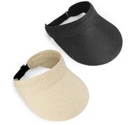 HAPPY FINDING 2Pcs Straw Hat Women Visor Hats Packable Ponytail for Travel Blackwhite