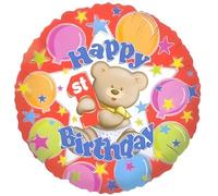 Happy First Birthday Foil Balloon, 18-Inch, Cheerful Bear Design, Suitable for Air or Helium