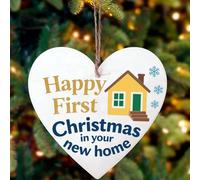 Happy First Christmas In New Home 2025 Wooden Heart Sign Ornament New House Christmas Tree Decoration for Xmas Party Gift Family Decor (Style B)