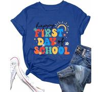 Happy First Day of School Shirts for Women Back to School Tee Teacher Appreciation T-Shirt Teaching Students Tops, Blue, XXL