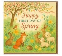 Happy First Day of Spring Woodland Animals Greeting Card - Cute Fox, Rabbits, Lambs, Hedgehog & Robin Under Blossom Tree with Bunting