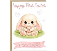 Happy First Easter Personalised Card for Baby - Custom Add Own Name Fluffy Bunny Jar Eggs Design - Toddler Happy 1st Easter Boy or Girl Greeting Card Blue Pink Teal Yellow (Pink)