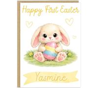 Happy First Easter Personalised Card for Baby - Custom Add Own Name Fluffy Bunny Jar Eggs Design - Toddler Happy 1st Easter Boy or Girl Greeting Card Blue Pink Teal Yellow (Yellow)
