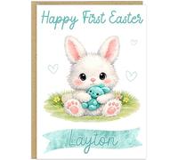 Happy First Easter Personalised Card for Baby - Custom Add Own Name Fluffy Bunny Jar Eggs Design - Toddler Happy 1st Easter Boy or Girl Greeting Card Blue Pink Teal Yellow (Teal)